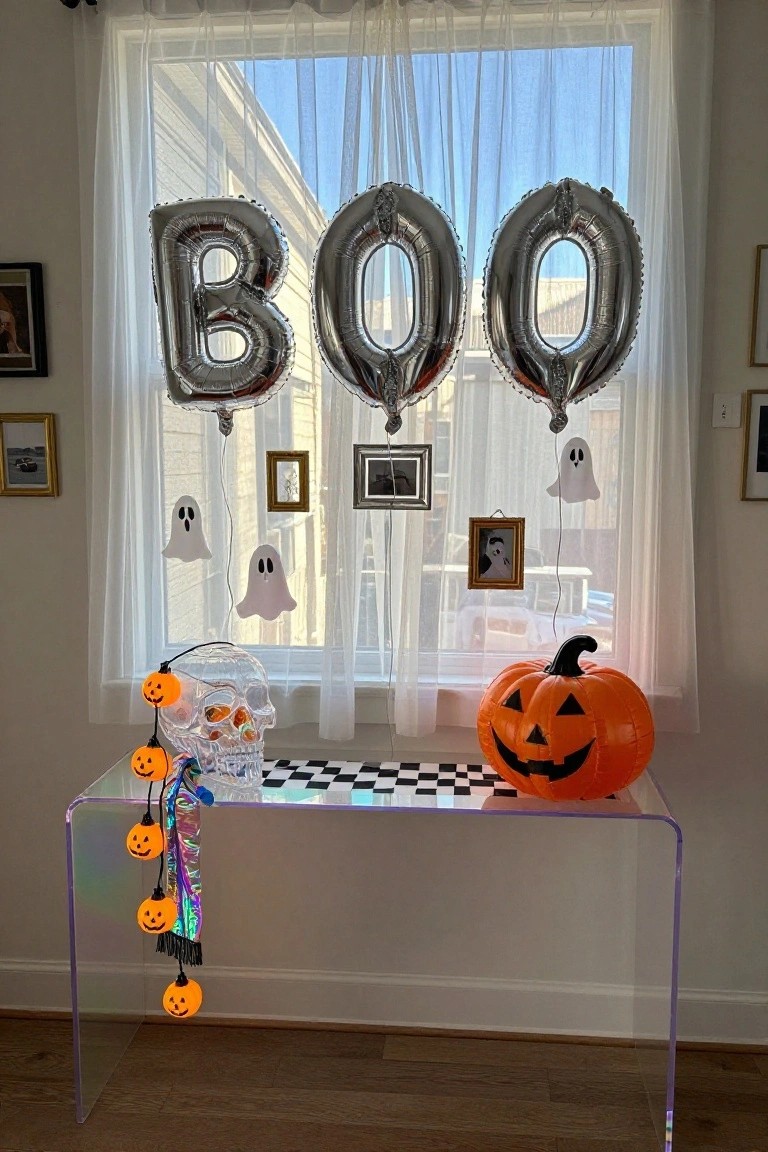 Indoor window area decorated for Halloween featuring large silver metallic balloons spelling "BOO", hanging white ghost cutouts from sheer curtains, small framed photos on walls and sills, and a clear acrylic console table with a translucent skull filled with orange candies, a smiling orange pumpkin balloon, and dangling orange pumpkin lights over a black-and-white checkered runner.
