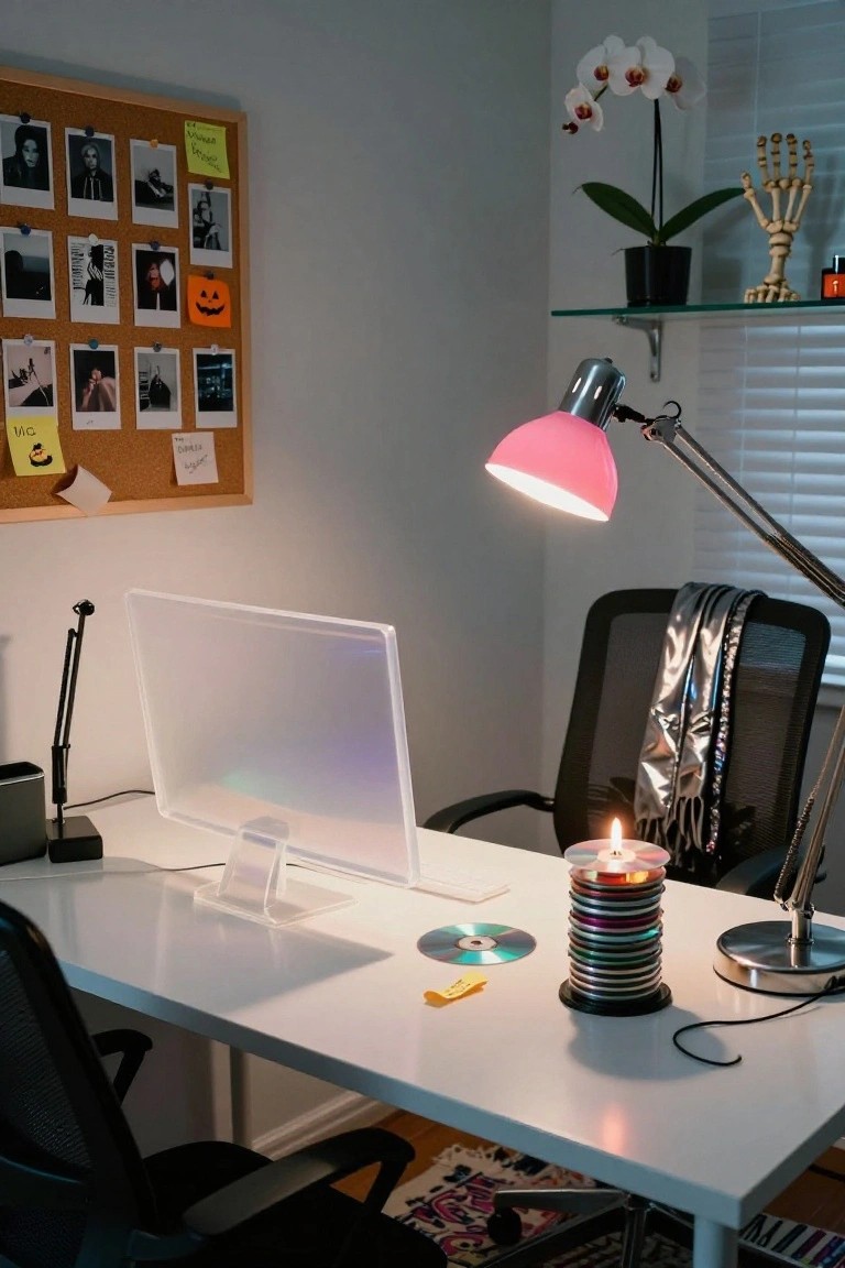 Home office desk setup featuring a tall stack of colorful CDs topped with a lit white candle, a computer monitor, keyboard, pink desk lamp, and a corkboard wall with pinned photos and Halloween notes.
