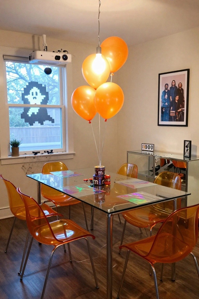 Dining room with a cluster of orange balloons hanging from a ceiling light over a glass table surrounded by transparent orange chairs, a pixelated ghost on the window, M&Ms on the table, and a projector mounted nearby.