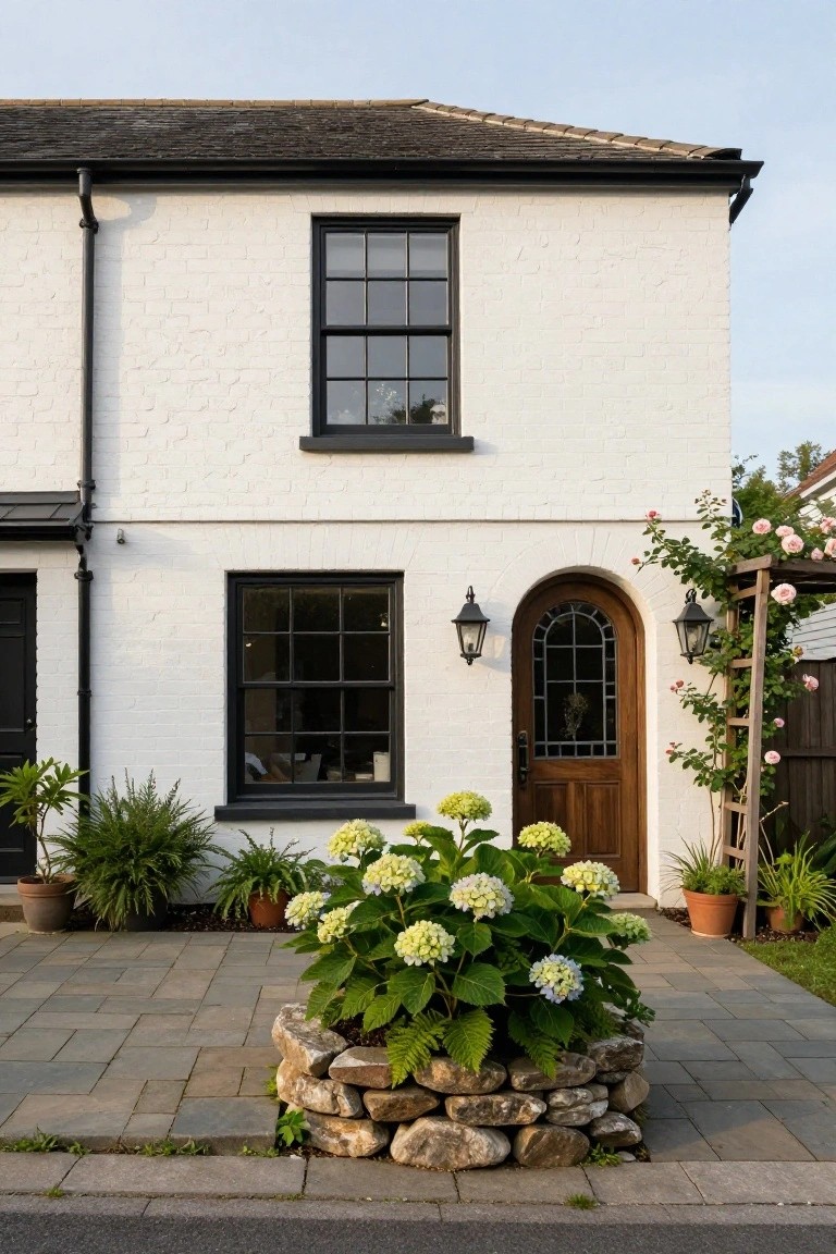 White brick house exterior with black-framed sash windows, arched wooden front door flanked by lanterns, large hydrangea planter in stone ring on paved driveway, climbing roses on wooden trellis.