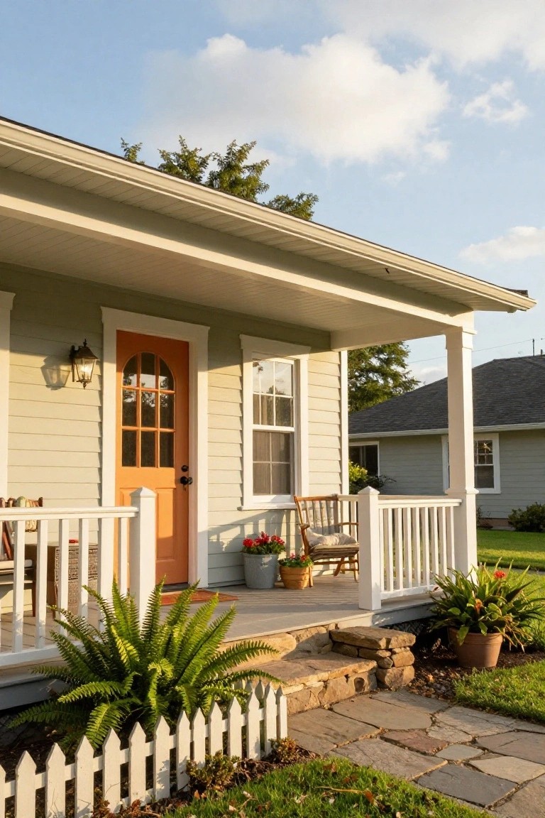 Sage green clapboard cottage with white trim, orange nine-pane front door, covered porch with white railing and rocking chair, potted plants, ferns beside stone steps, and white picket fence in front yard.