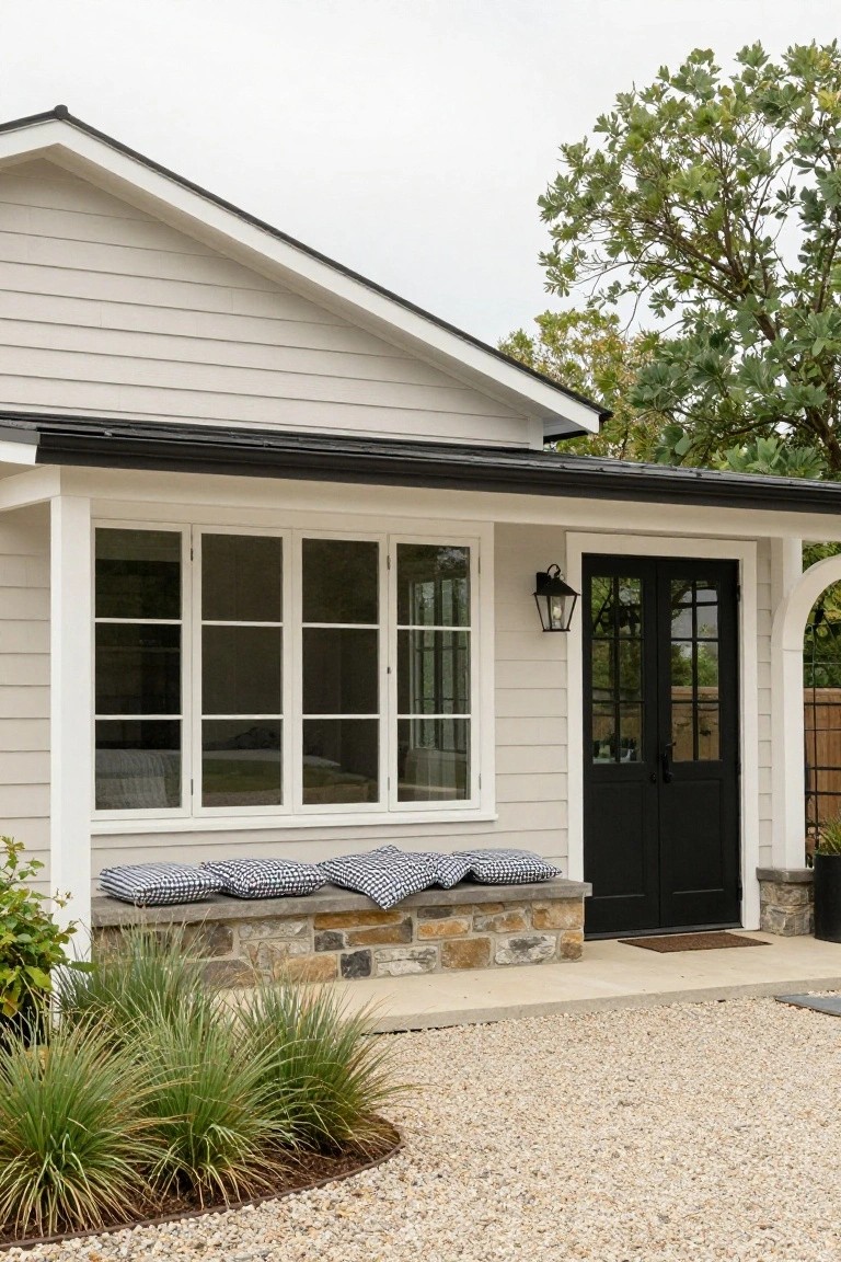 White shiplap-sided cottage house exterior featuring black French doors, multipaned windows with a built-in stone bench and checkered pillows underneath, a wall lantern, gravel ground cover, and ornamental grasses.