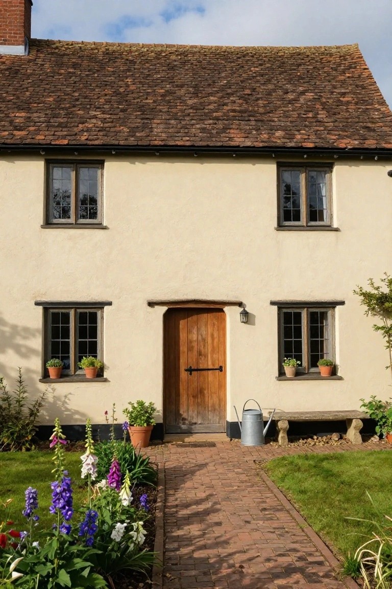 Beige plaster cottage exterior with dark timber-framed windows, arched wooden front door, brick pathway lined with flowers, potted plants on windowsills, and a metal watering can on a bench.