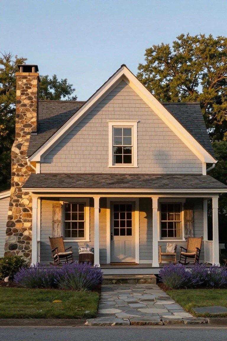 Gray shingle-sided cottage house with tall stone chimney, covered front porch displaying two wicker rocking chairs and pillows, bordered by lavender plants and a flagstone path leading to the door.