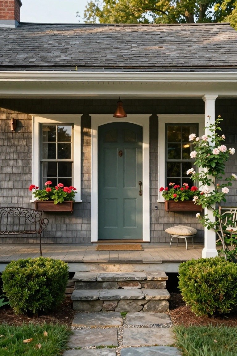 Front exterior of a gray shingled cottage with white-trimmed double-hung windows, red geraniums in wooden window boxes, teal green arched door with brass knocker on a covered porch supported by white columns with climbing pink roses, wrought iron bench, cushioned chair, stone steps, boxwood shrubs, and gravel path.