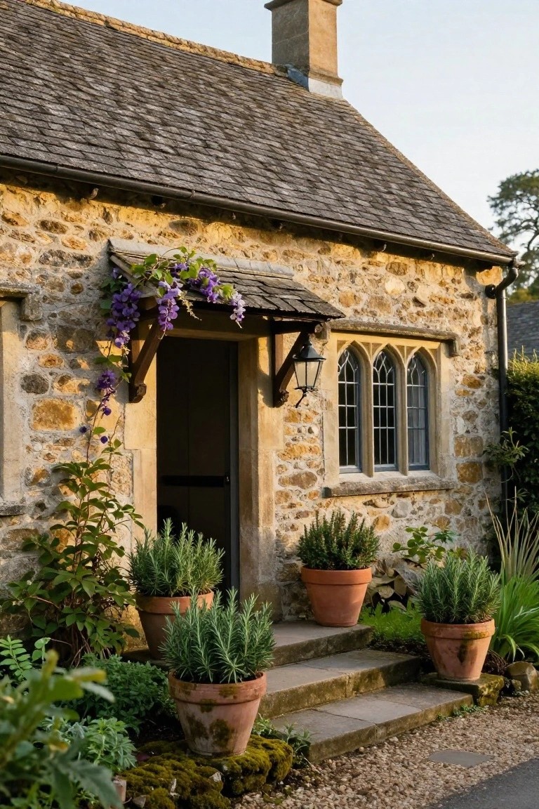 Stone cottage exterior showing open front door under a porch hood draped with purple wisteria flowers, a hanging lantern, gothic arched window, and terracotta pots of rosemary on steps beside gravel path.