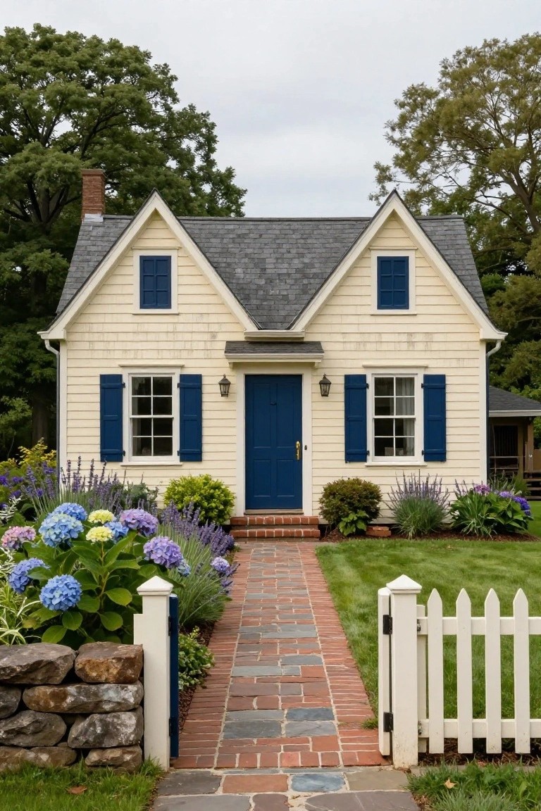 Cream clapboard cottage with gabled gray shingle roof, navy blue front door and shutters, white picket fence, brick walkway, and border plantings of hydrangeas and lavender.