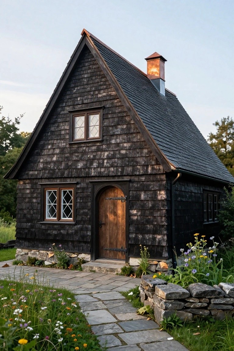 A small cottage with dark wood shingle siding, steep gabled roof topped by a copper chimney, arched wooden front door, leaded glass windows, stone foundation, flagstone pathway, and surrounding wildflowers with stone edging.
