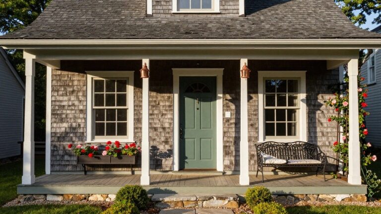 Front exterior of a gray shingled cottage with white-trimmed double-hung windows, red geraniums in wooden window boxes, teal green arched door with brass knocker on a covered porch supported by white columns with climbing pink roses, wrought iron bench, cushioned chair, stone steps, boxwood shrubs, and gravel path.