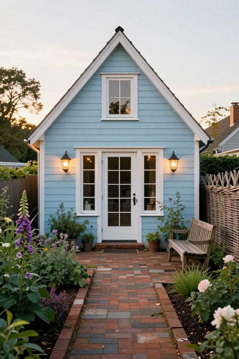 Small light blue clapboard gabled cottage with white trim, upper window, French doors entry flanked by lanterns, brick pathway, wooden bench, and flower gardens on both sides.