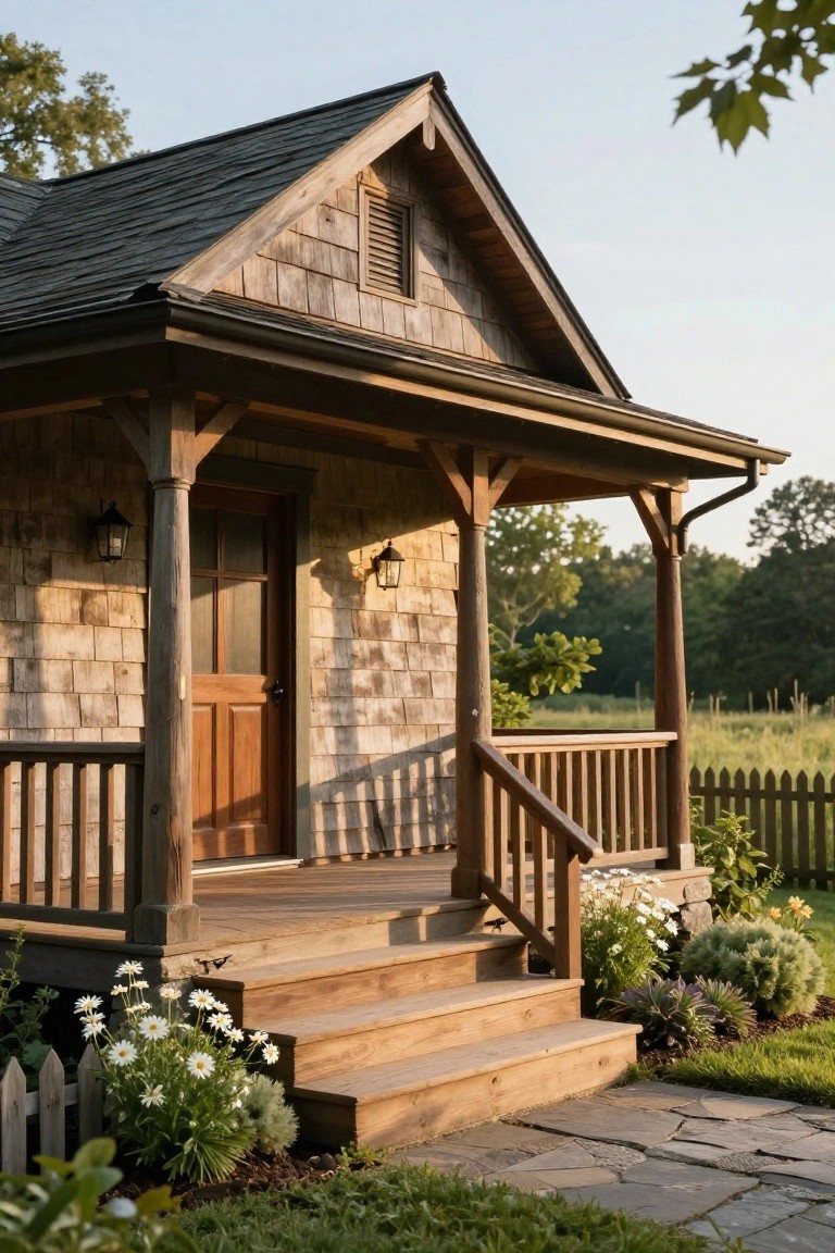 Small shingle-clad cottage with covered front porch supported by round timber posts, wooden paneled door, wall lanterns, wooden steps surrounded by white daisies and greenery, picket fence, and stone path in a yard at dusk.