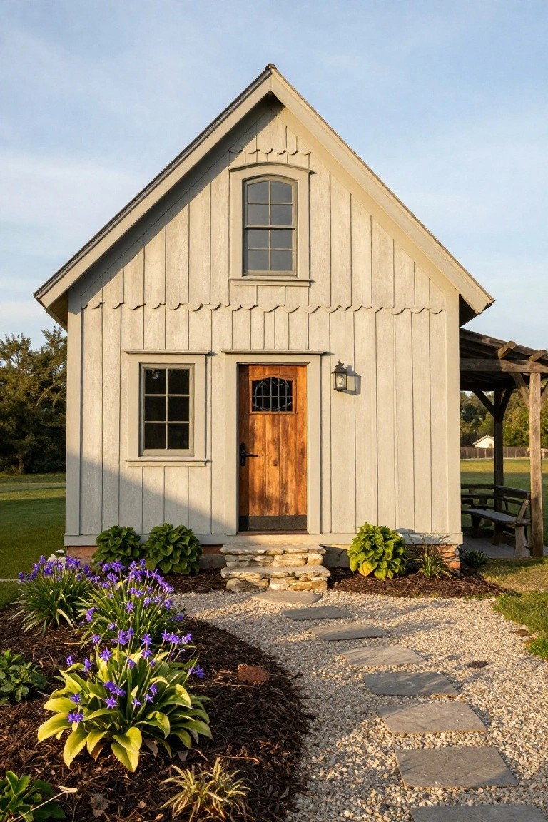 Front exterior of a small gabled cottage with light gray board-and-batten siding, wooden arched entry door with metal grille window, side windows, lantern light, stone steps, purple flower clusters, hosta plants, gravel path, and adjacent pergola with bench on a lawn.