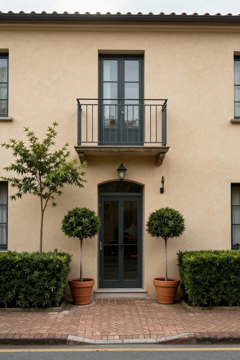 Tan stucco house facade with dark arched wood front door flanked by potted trees in terracotta pots and low hedges, black metal balcony with French doors above, brick paver pathway in front.