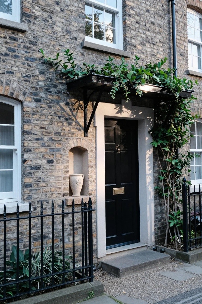 Brick townhouse facade featuring a black front door under a metal canopy covered in green climbing vines, a terracotta urn in a wall niche, black iron railing, and plants along the base.