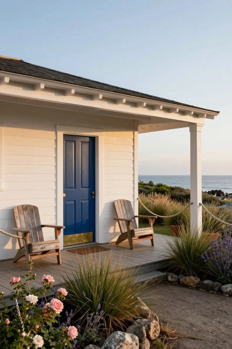 White shingle-style cottage with navy blue front door, two weathered Adirondack chairs on porch, grasses and rocks in foreground, ocean view in background.