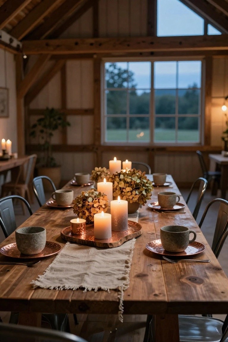 Rustic wooden dining table in a barn interior set with multiple lit pillar candles clustered around dried hydrangea arrangements on copper trays, earthy stoneware mugs and plates, linen runner, metal chairs, plants, and large windows showing fields at dusk.