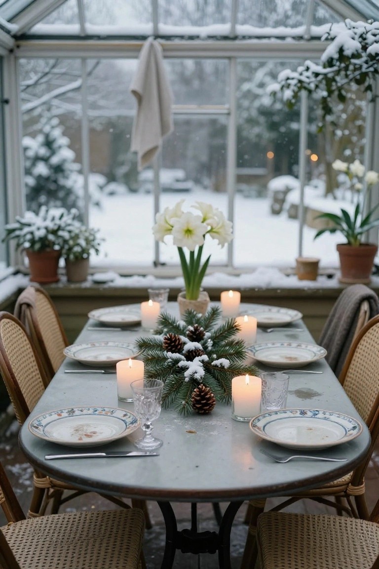 Glass greenhouse with a round rustic table set with white plates, glasses, multiple pillar candles, snow-dusted fir branches and pine cones as centerpiece, potted plants nearby, snowy landscape visible through windows, rattan chairs around.