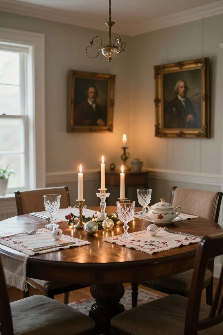 Round wooden dining table in a pale green-walled room, set with multiple white candles in brass and crystal holders, cut crystal wine glasses, a lidded tureen, embroidered linens, greenery, and Christmas ornaments, lit by candlelight with portraits and a chandelier in the background.