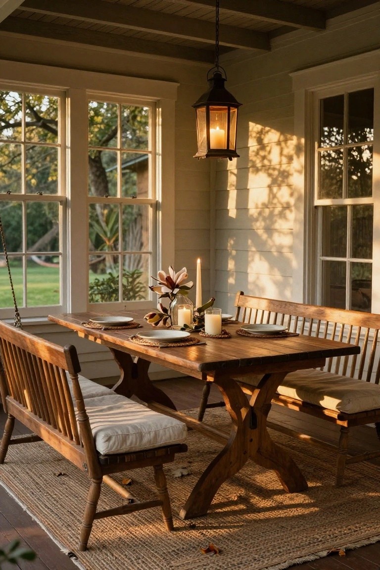 Screened porch with wooden trestle table and benches, set with white plates on woven placemats, candles, flowers, and glassware in the center, under a hanging lantern, large windows showing trees and grass outside, warm afternoon light.