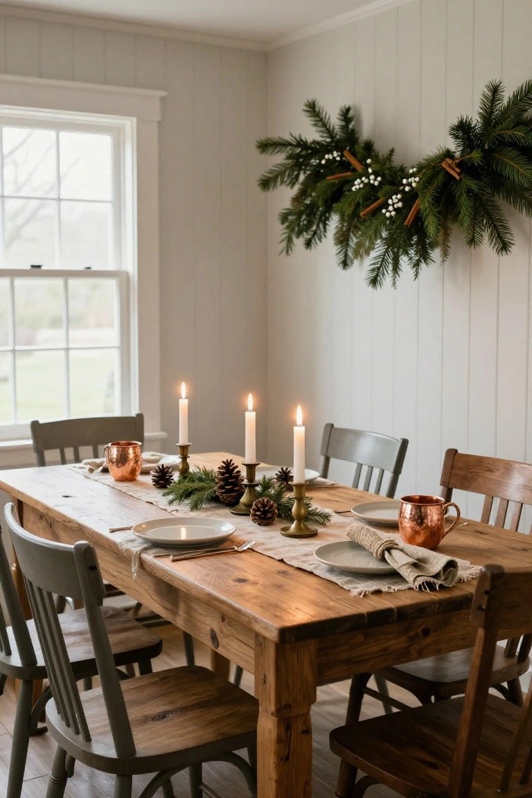Wooden farmhouse dining table in a white shiplap room, set with white plates, linen napkins, copper mugs, pine branches, pinecones, and lit white candles in brass holders, with a greenery garland on the wall above.