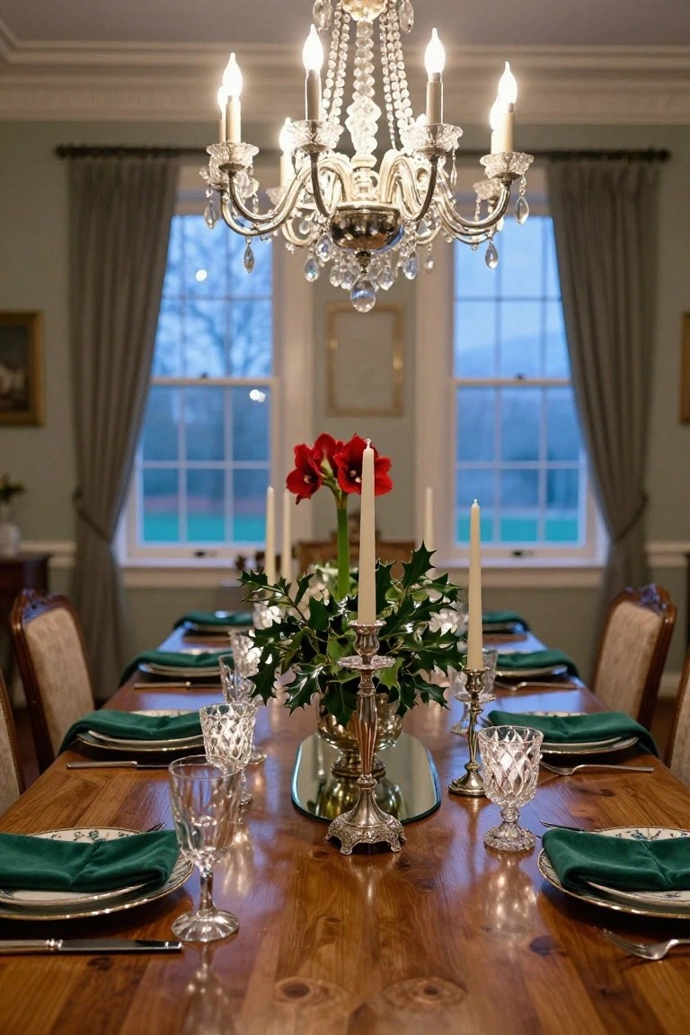 Formal dining table set with green placemats, crystal glassware, multiple taper candles in silver holders, holly branches, and red amaryllis flowers in a silver vase, under a sparkling crystal chandelier in a room with tall curtained windows.