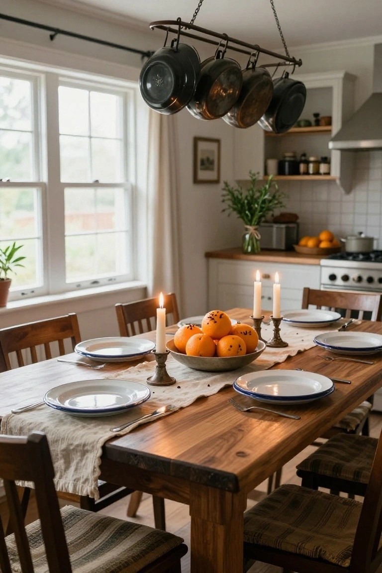 Dining table in a light kitchen with a metal bowl of clove-studded oranges centered between lit candles on a linen runner, white plates and cutlery set for six, wooden chairs, hanging cookware above, windows letting in daylight.