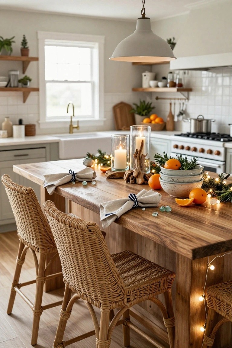 Kitchen island with wooden countertop, rattan barstools, bowls of oranges, pillar candles in glass, driftwood, evergreen sprigs, fairy lights, and linen napkins in a white kitchen with subway tile backsplash.