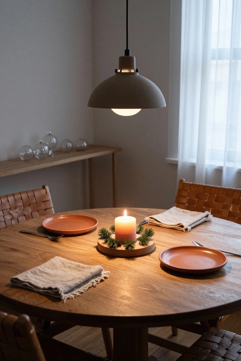 Close-up view of a round wooden dining table set for two with terracotta plates, linen napkins, forks, a lit orange candle in an evergreen wreath on a wooden base, rattan chairs, a side table with glass vases, and a gray pendant lamp overhead in a light room with sheer curtains.