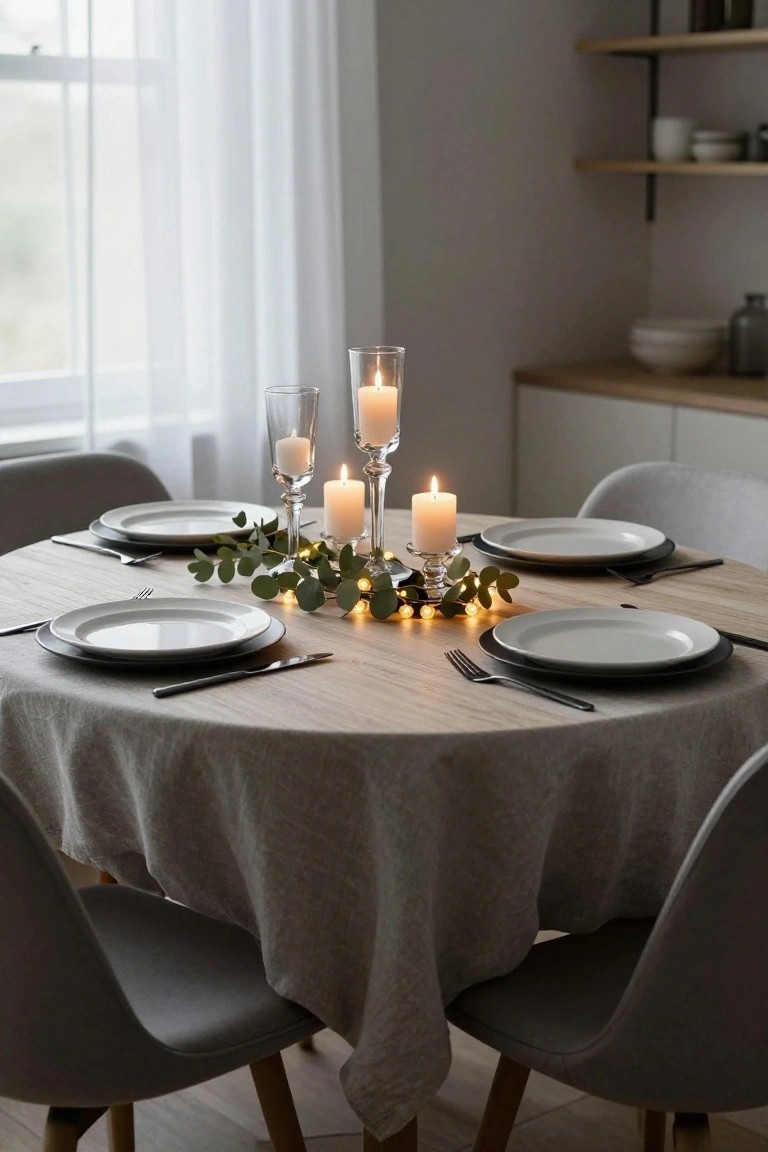 Round wooden dining table draped in gray linen, set for four with white plates, black cutlery, and a centerpiece of clustered white pillar candles wrapped in eucalyptus garland with fairy lights, gray chairs nearby in a bright kitchen.