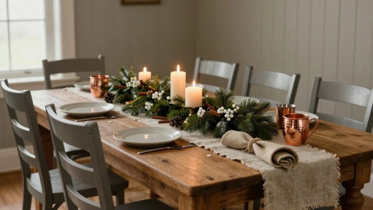 Wooden farmhouse dining table in a white shiplap room, set with white plates, linen napkins, copper mugs, pine branches, pinecones, and lit white candles in brass holders, with a greenery garland on the wall above.