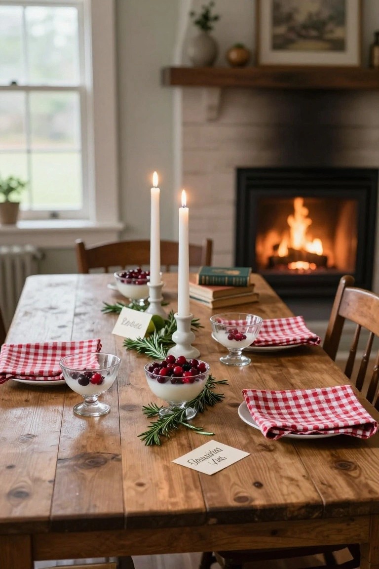 Wooden dining table set for Christmas dinner with white bowls filled with cranberries, rosemary branches, burning candles in holders, red plaid napkins, place cards, and glasses, next to a brick fireplace with fire lit.
