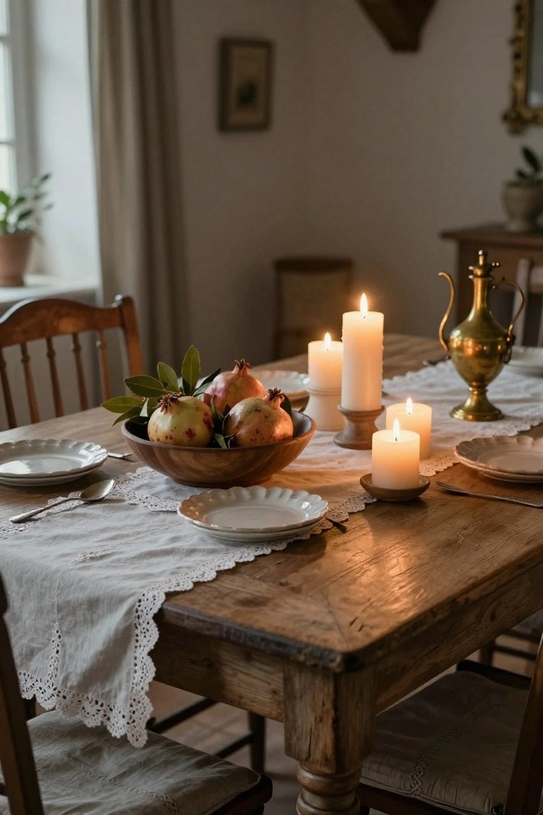 Wooden dining table in a cozy room with a brown wooden bowl of pomegranates and bay leaves as centerpiece, surrounded by multiple white candles of varying heights and widths in ceramic and wooden holders, lace-edged runner, white plates, silverware, and brass teapot.