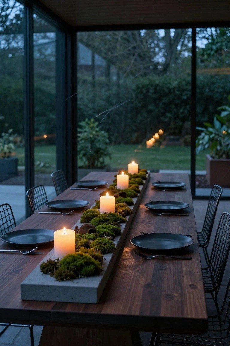 Glass-walled room with wooden dining table set for a meal, featuring black plates and cutlery, a central rectangular concrete tray filled with green moss and several white pillar candles placed along it, black wireframe chairs around the table, and garden visible through the windows at dusk.