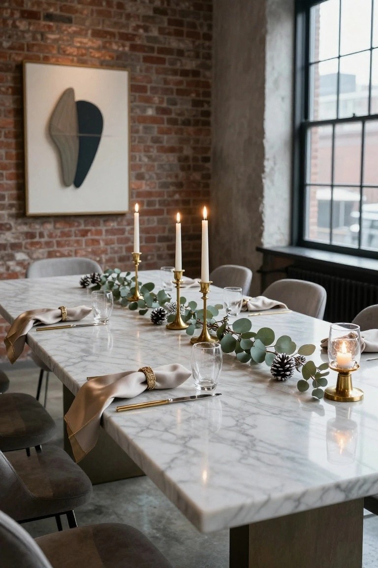 Dining table with white marble top centered under a greenery garland of eucalyptus leaves and pinecones running its length, gold candlesticks with lit candles placed along the runner, beige napkins with gold rings, and gray upholstered chairs in a brick-walled room with large windows.