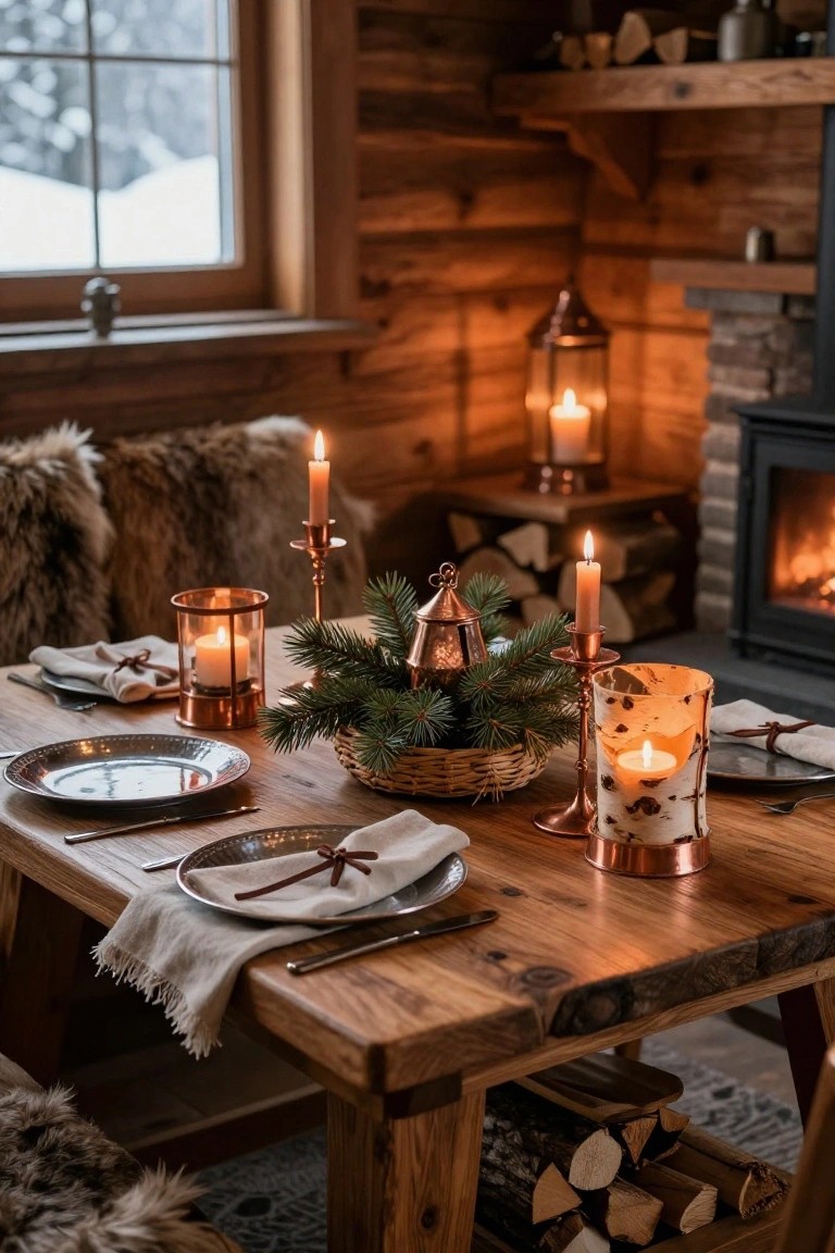 Wooden dining table in a log cabin interior set for a meal with copper candle holders, lanterns, plates, linen napkins, fur-upholstered chairs, evergreen centerpiece, and a stone fireplace nearby.