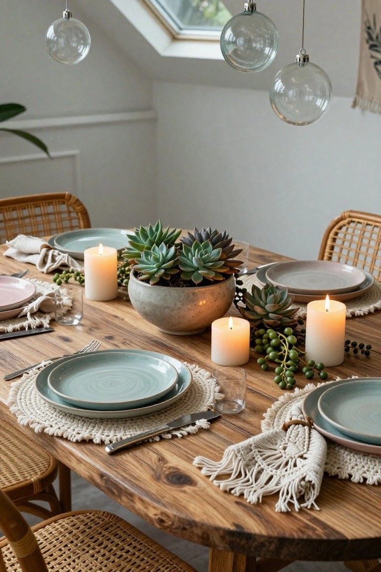 Dining table with central gray pot of succulents, multiple white pillar candles, neutral ceramic plates on macrame placemats, green berry vines, rattan chairs, and hanging clear glass ornaments above in a light-filled room.