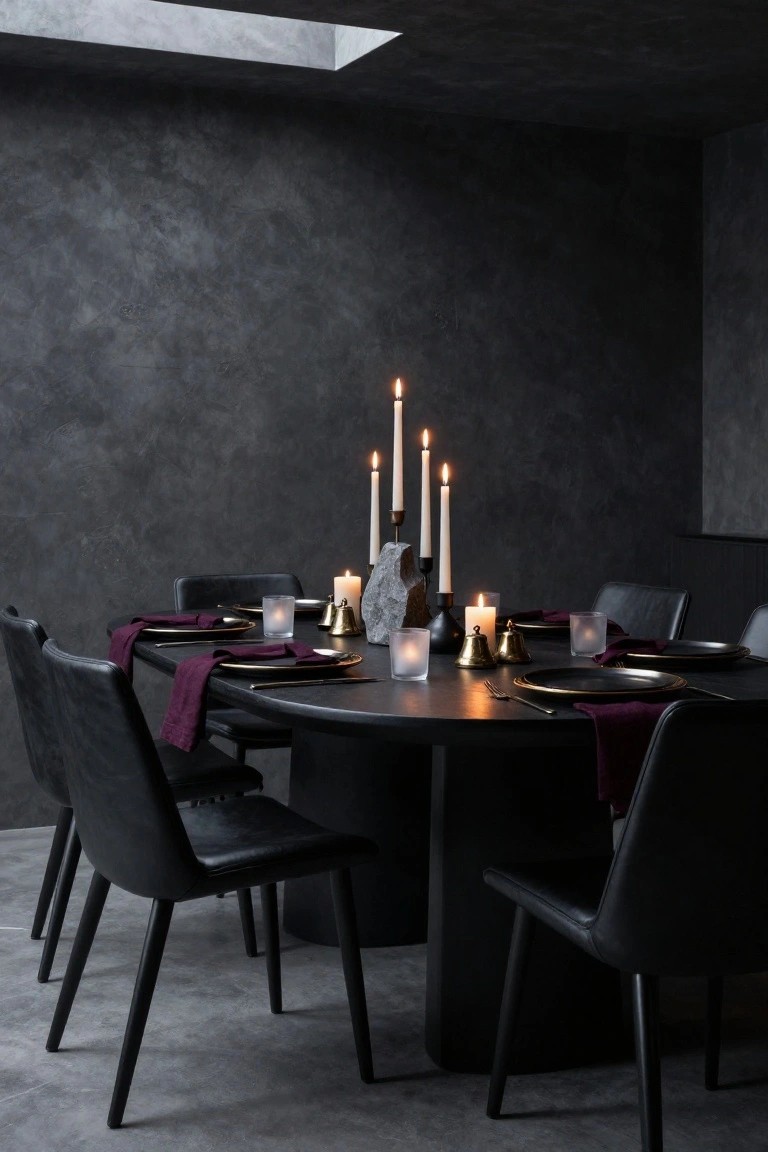 Round black dining table in a dark room, set with purple napkins, gold-rimmed black plates, utensils, frosted glass votives, brass bells, and a central stone-based candelabra with multiple burning white taper candles, surrounded by black leather chairs.
