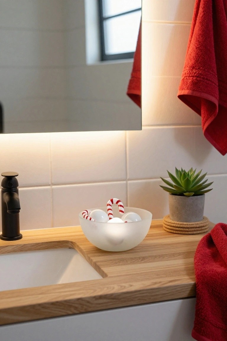 Candy Cane Bowl on the Bathroom Vanity