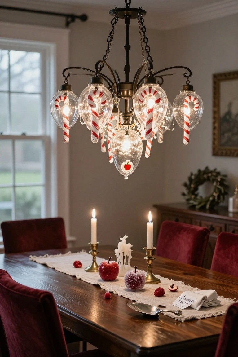 Dining room chandelier with glass bulbs containing red and white candy canes and string lights, suspended over a wooden table set with brass candlesticks, red apples, and red velvet chairs.