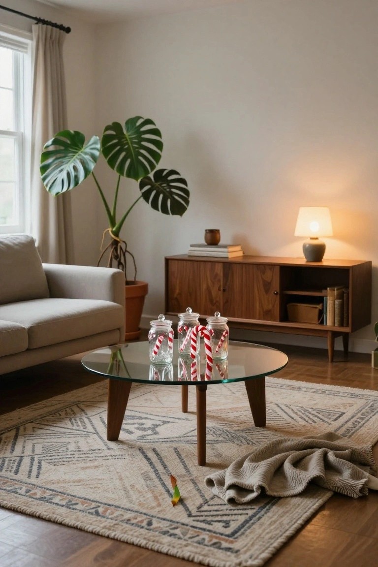 Modern living room with light gray sofa, glass coffee table holding three clear jars filled with red-and-white candy canes, monstera plant in terracotta pot, wooden credenza with books, table lamp, and neutral rug on wood floor.
