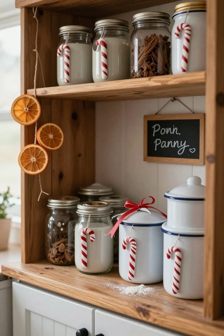 Wooden kitchen shelving displaying glass jars of spices, flour, and milk powder, white enamel canisters, all decorated with hanging candy cane ornaments, dried oranges suspended nearby, and a chalkboard sign reading 