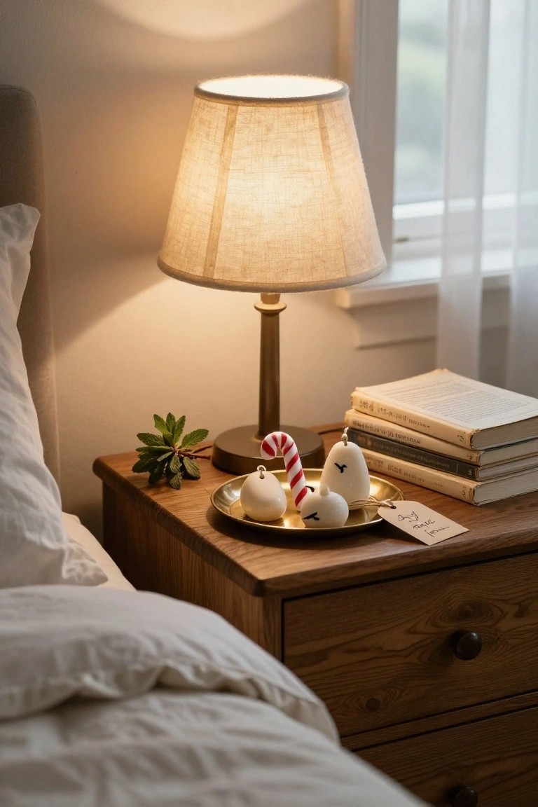 Wooden bedside table beside a white bed, holding a lit fabric-shade lamp, stack of books, potted green plant, and gold plate with white candle ornaments and red-and-white candy cane ornament.