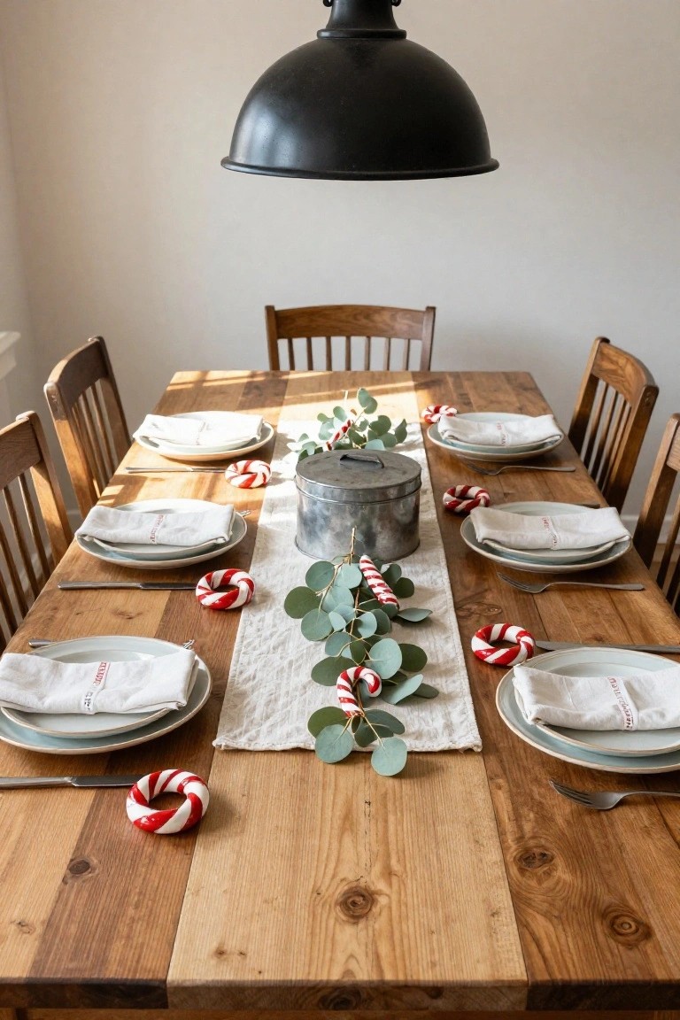 Wooden dining table set with white plates, folded napkins held by red and white candy cane rings, eucalyptus and candy cane garland runner, metal tin bucket centerpiece, and wooden chairs in a room with a black pendant light.