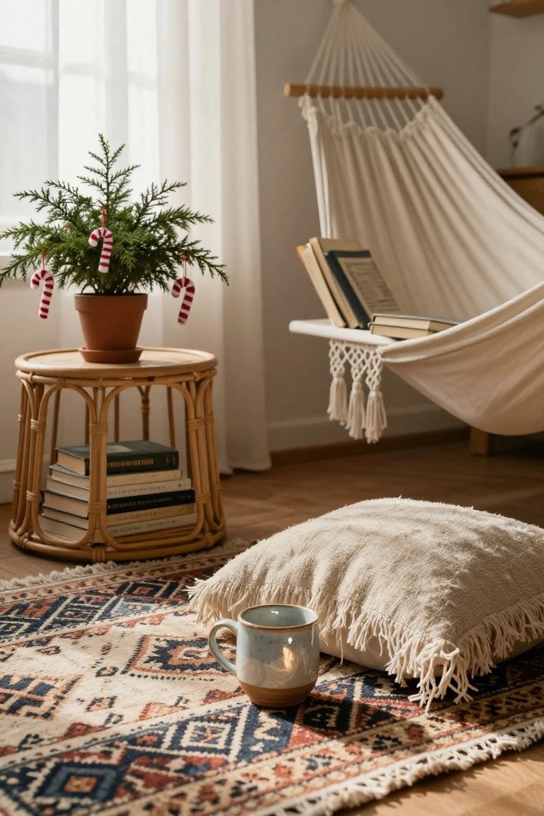 Cozy indoor room corner featuring a white hammock chair with books, rattan side table with stacked books and small potted fir tree decorated with red and white candy cane ornaments, large floor pillow, ceramic mug on patterned rug, sheer curtains and houseplant.
