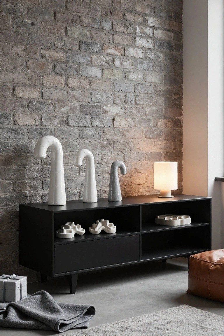 Black credenza against exposed brick wall displaying three tall white curved ceramic sculptures resembling candy canes, a fabric-shade lamp, white dishes on open shelves, with brown leather pouf, gray throw, and wrapped gift on concrete floor.