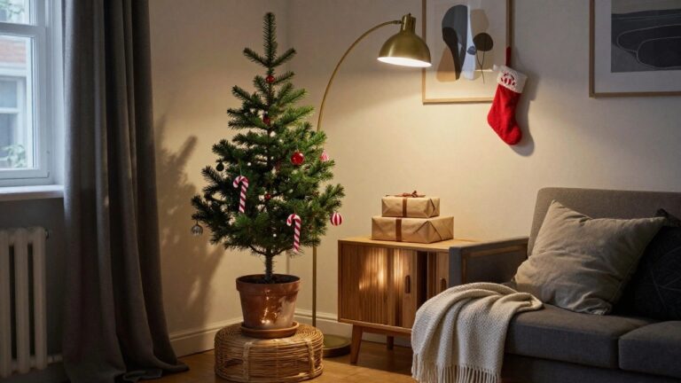 Small potted Christmas tree decorated with red baubles, white ornaments, and candy cane decorations in a modern living room with wooden furniture, stacked gifts, and a nearby chair.