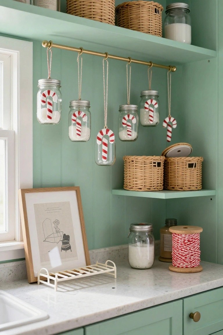 Mint green kitchen cabinets and shelves with hanging clear mason jars containing white powder and red-and-white candy canes from a brass rod, wicker baskets, glass jars of ingredients, and a framed line drawing on the counter.
