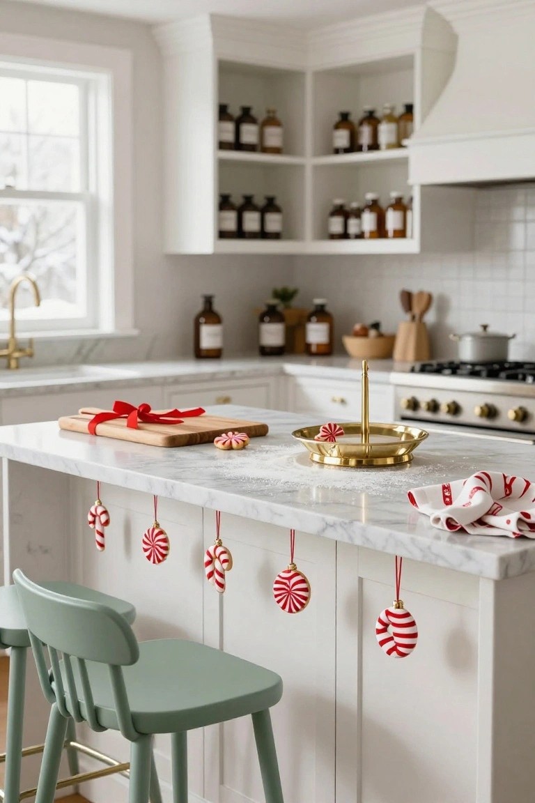 White kitchen island with green stools, hanging red and white candy cane ornaments from underside, wooden cutting board tied with red ribbon, brass candy dish, and holiday dish towels on marble countertop.