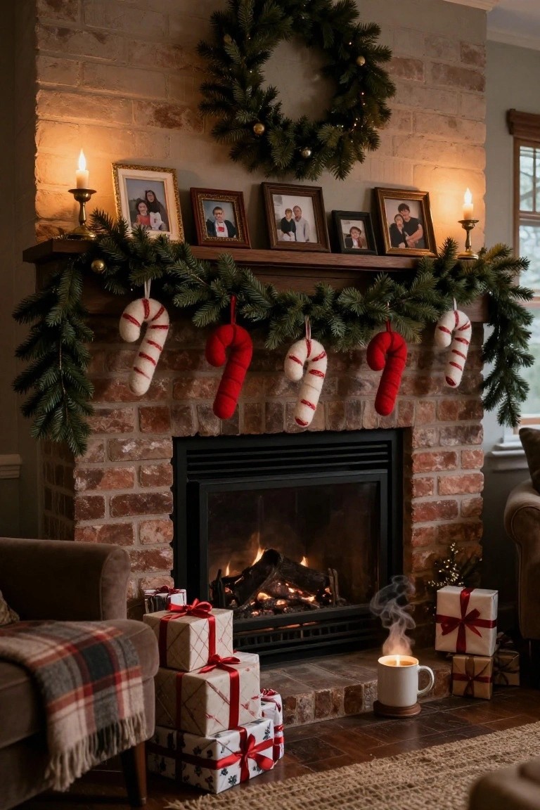 Brick fireplace mantel with evergreen garland holding hanging felt candy cane ornaments in red and white, flanked by family photos in gold frames, brass candlesticks with lit candles, and stacked wrapped gifts nearby on a wooden floor.