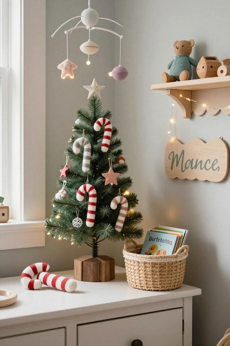 A nursery with a small lit Christmas tree on a wooden base decorated with knitted red and white candy cane ornaments, a hanging mobile, wooden shelf holding toys, a name sign reading 